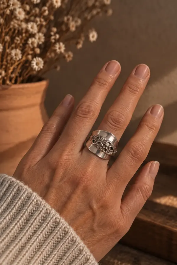Besteckschmuck-Ring am Finger getragen